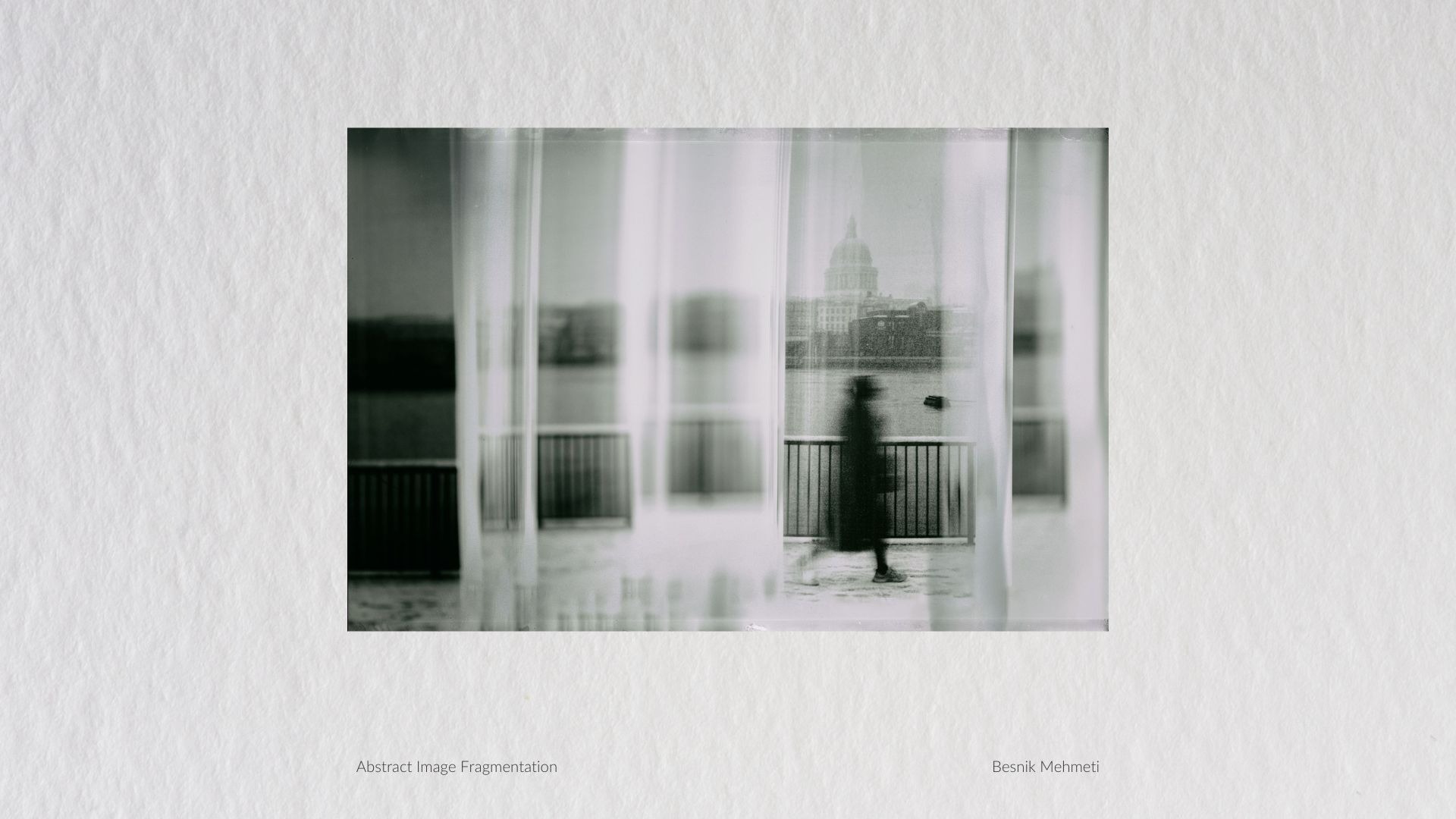 Besnik Mehmeti, figure behind sheer curtains, image fragmentation on textured paper