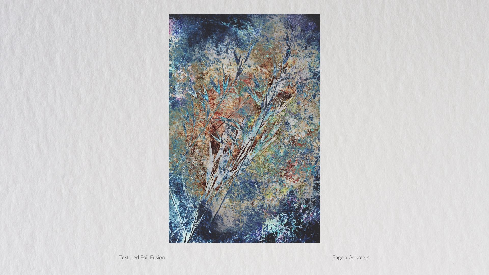Branches in textured foil fusion, blue, gold and rust, by Engela Gobregts