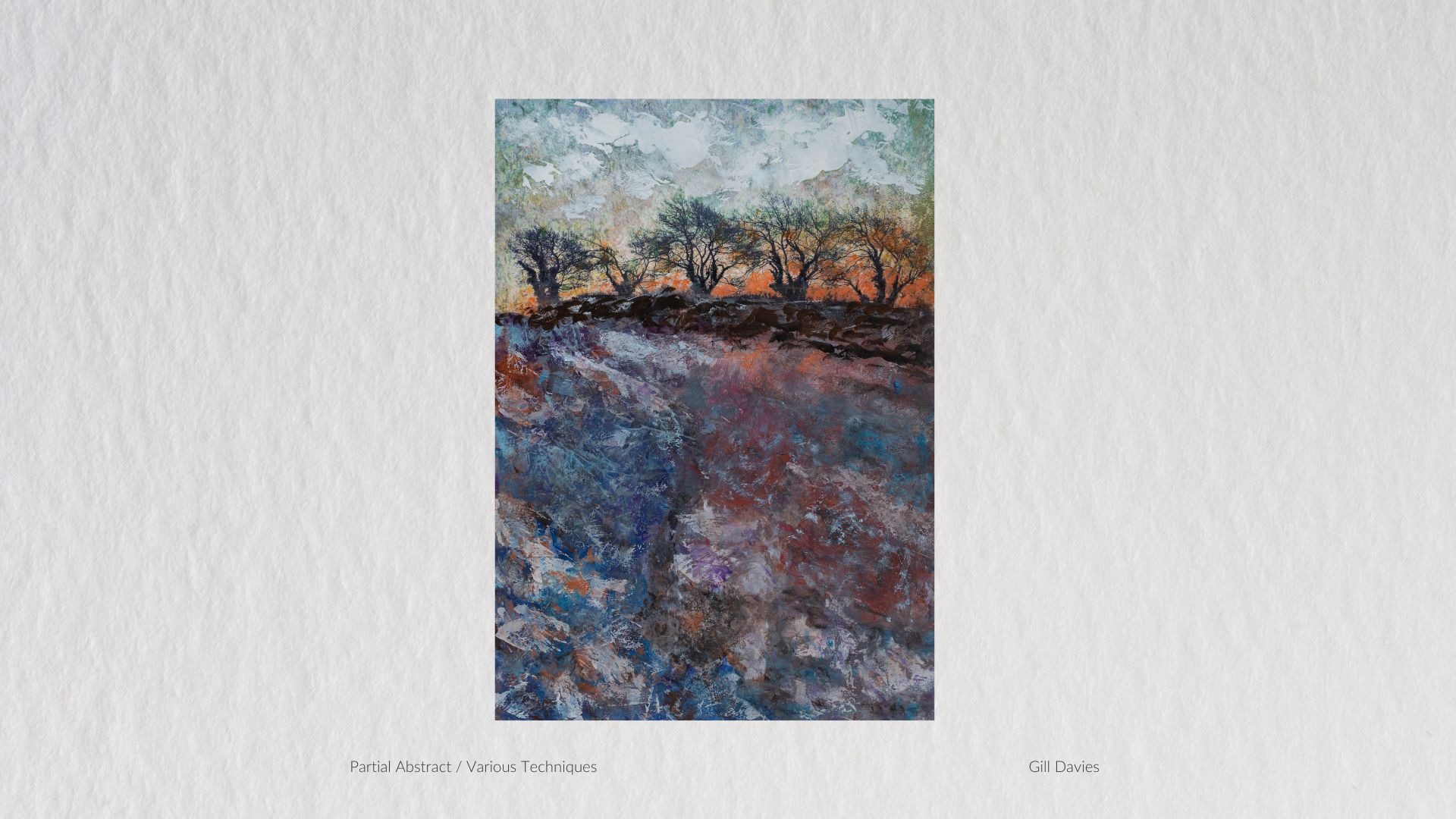 Gill Davies, trees at dusk over broken blue texture, partial abstract on paper