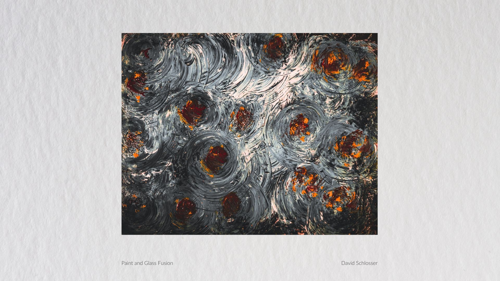 Swirling paint and glass fusion in grey and rust by David Schlosser