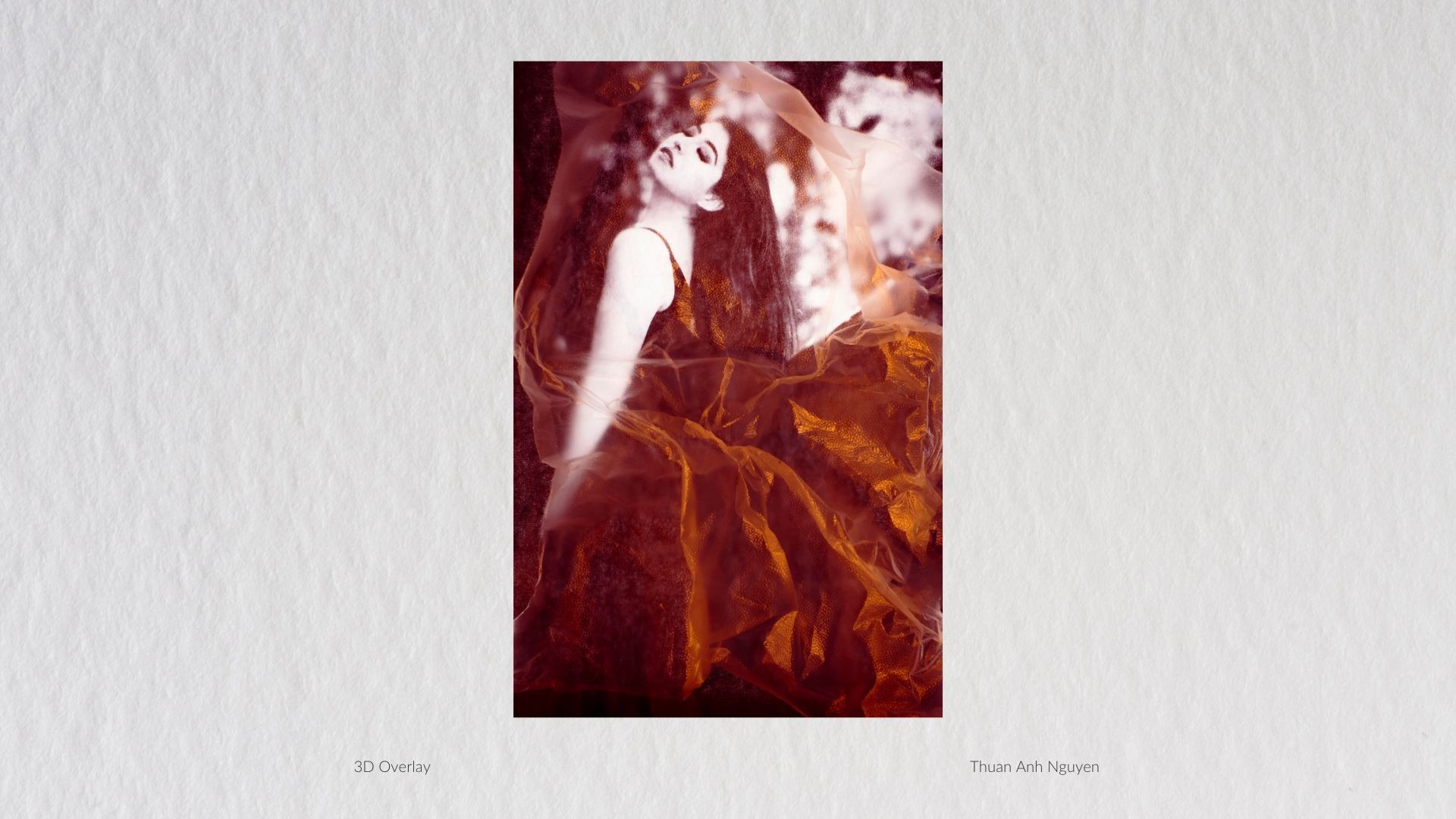 Thuan Anh Nguyen, woman in a flowing red gown, 3D overlay shown on textured paper